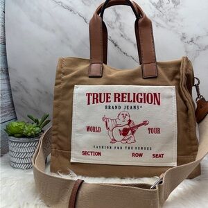 True Religion Brown Canvas Messenger Bag with Cream Front Panel and Red Logo